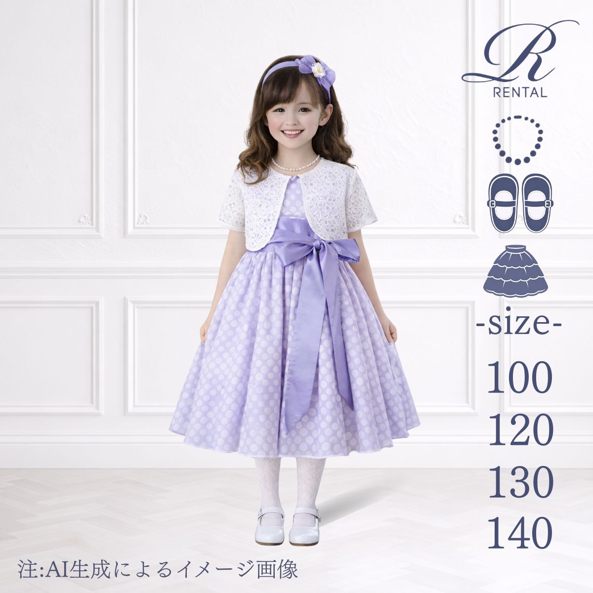 ボレロ付き軽やかでキュートな水玉模様の前リボンドレス[ 100~140サイズ ]